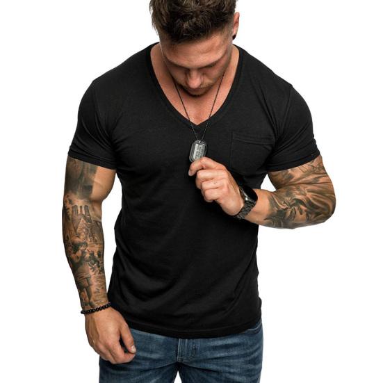 Pánské ležérní jednobarevné tričko s krátkým rukávem, výstřihem do V, slim fit, fitness tričko, halenka, top