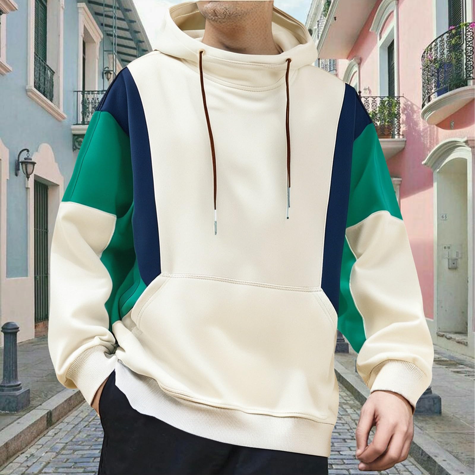 

Мужская толстовка с капюшоном в стиле колор-блок, с длинным рукавом, на шнурке, пуловер, блузка для прогулок на свежем воздухе с карманом XL белый