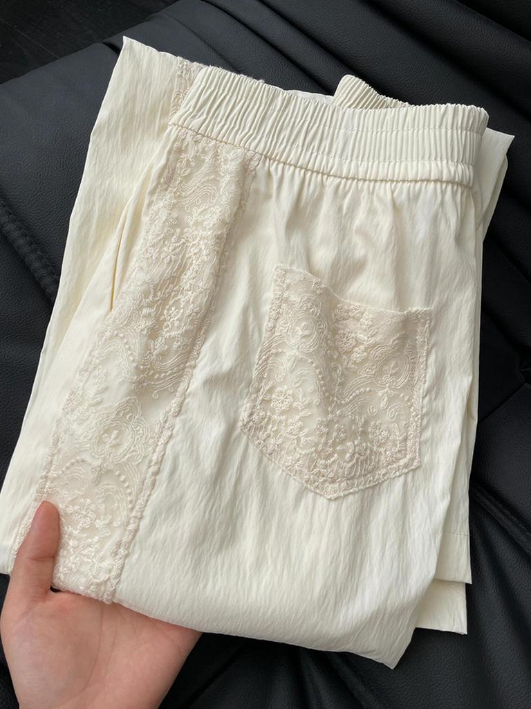 Lace Patchwork Pants Women's Summer Slim Fit Wide Leg Pants Ins Style Photo Color