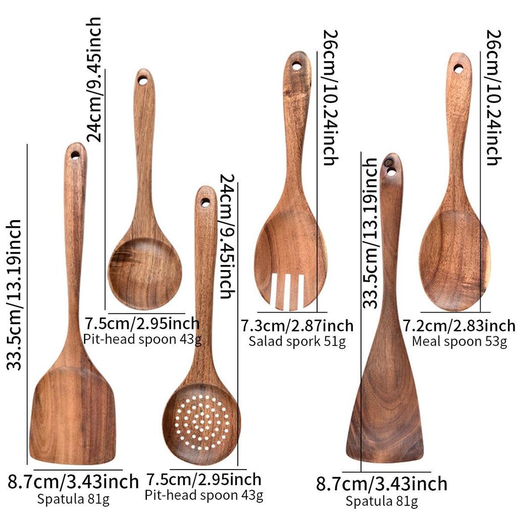 Teak Non-Stick Long-Handle Solid Wood Pan and Acacia Wood Kitchenware Set