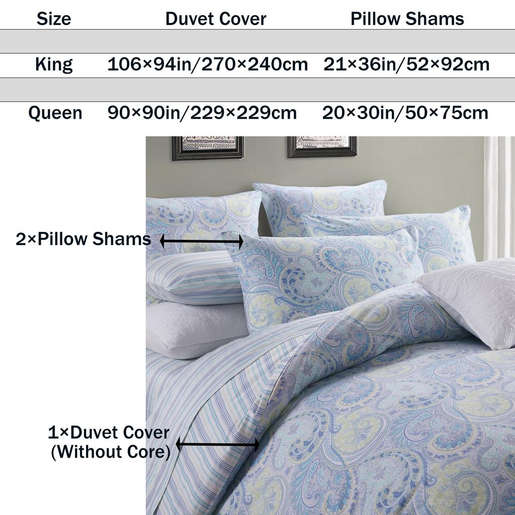 3pcs 600TC 100% Egyptian Cotton Duvet Cover Set, Vintage Blue Damask Paisley, Soft Skin-Friendly (No Inserts)