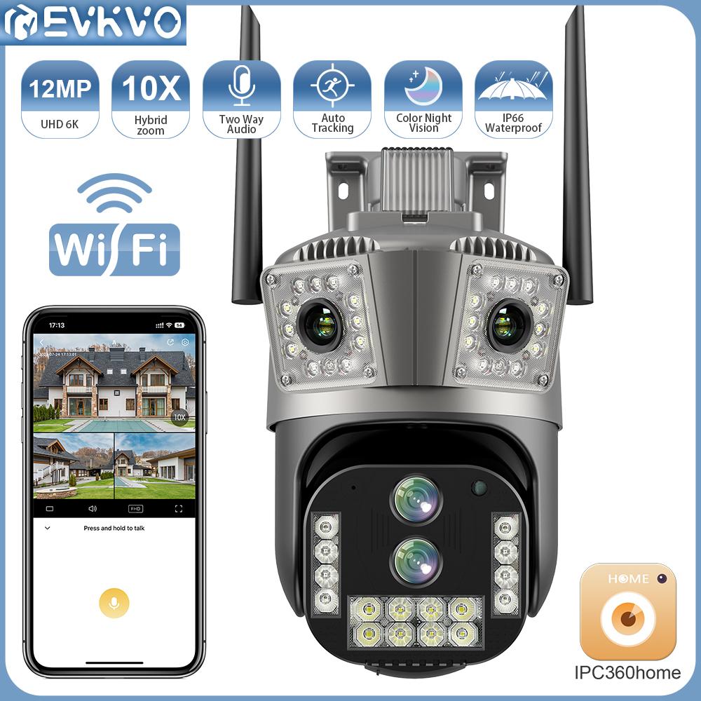

EVKVO 12MP 6K уличная PTZ беспроводная IP-камера наблюдения Wi-Fi с четырехъядерным объективом 10-кратный зум Обнаружение движения Отслеживание движения Обнаружение зоны видеонаблюдения