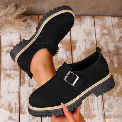 New Large-sized Loafers for Women, Round-toed, Square-buckle, Thick-soled Metal, Deep-mouthed Single Shoes