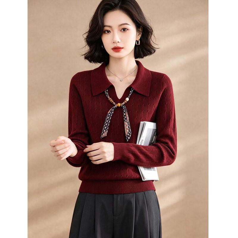 Women's Ribbed Knit Long-Sleeve Collared Sweater with Ribbon Detail