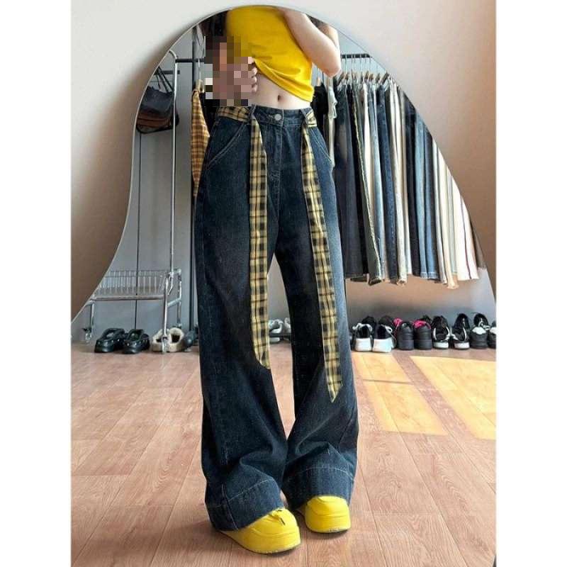 Plaid Patchwork Wide-Leg Jeans for Women - Retro American Style 2026 X-Large серый/чёрный