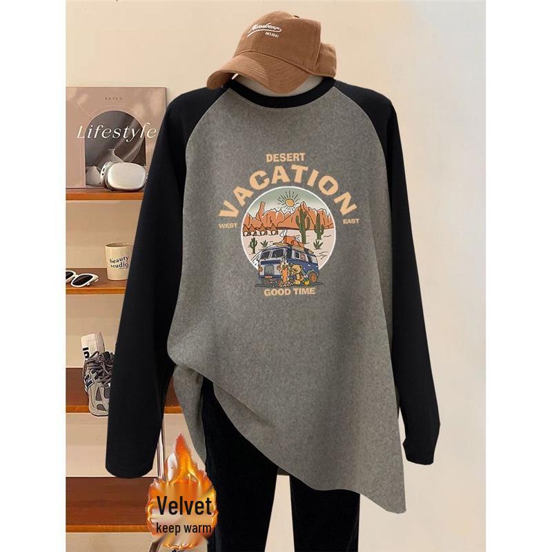 

Женская свободная футболка средней длины с длинным рукавом из вельвета с цветными блоками и флисовой подкладкой XL (125-145 lbs)