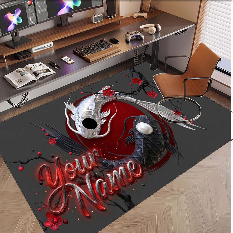 Koi Fish Theme Soft Crystal Velvet Rug Custom Name & Text Print Non Slip Floor Rug for Bedroom Living Room