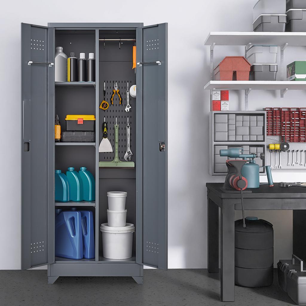 Broom Storage Cabinet With Locking Doors And Shelves, 65" H Metal Storage Cabinet With Hanging Rod & S-Hooks, Cleaning Tool Storage Cabinet