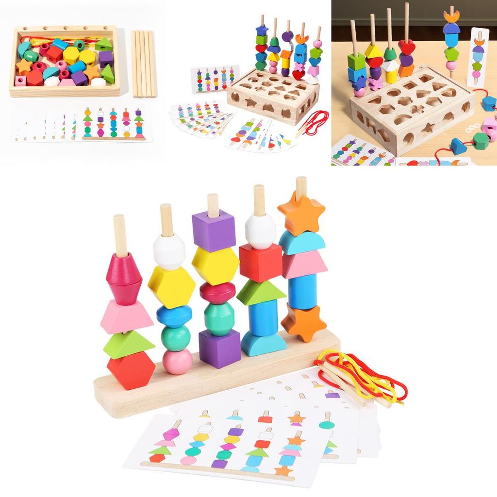 Wooden Five Column Building Block Bead Set For Kids Educational Brain Development Toy