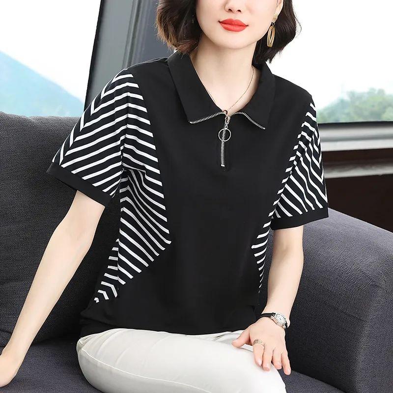 New Women's Clothing Elegant Fashion Loose Round Neck Simplicity Pullovers Zipper Striped Patchwork Button  Summer T-Shirts