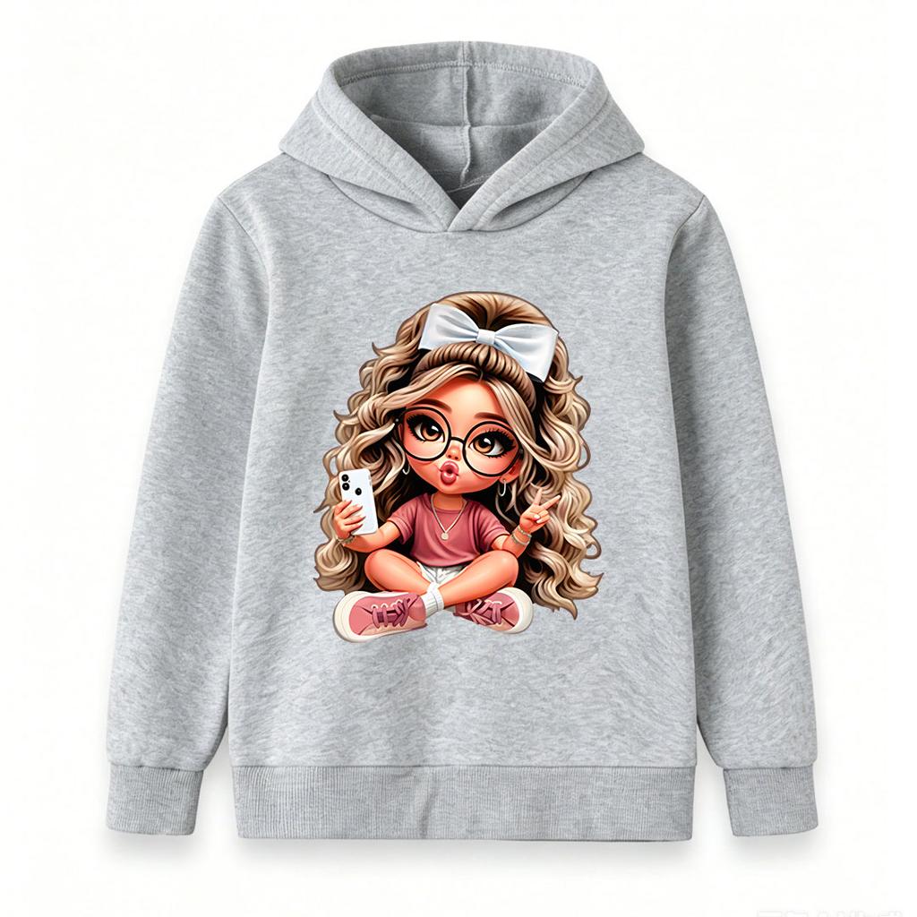 Kids Boys Girls Hooded Sweatshirt Cute Cartoon Girl Print Long Sleeve Pullover Hoodie Casual Warm Top For School Street Daily Wear For 3-12 Years Old