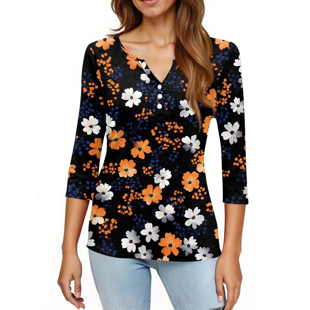Dámské tričko s potiskem, knoflíky, 3/4 rukávy, pro každý den, na víkend, módní, základní, s výstřihem do V, běžný top