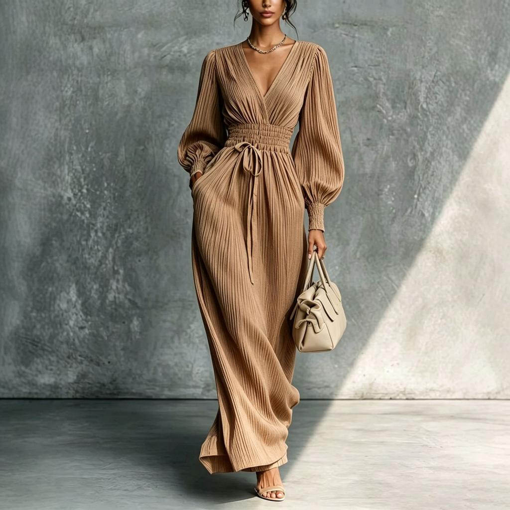 European and American new hot-selling solid color casual and comfortable waist long-sleeved dress women