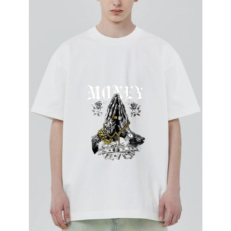 Black T-Shirt Money Praying Hands with Gold Chain and Dollar Bills Graphic for Streetwear Fashion