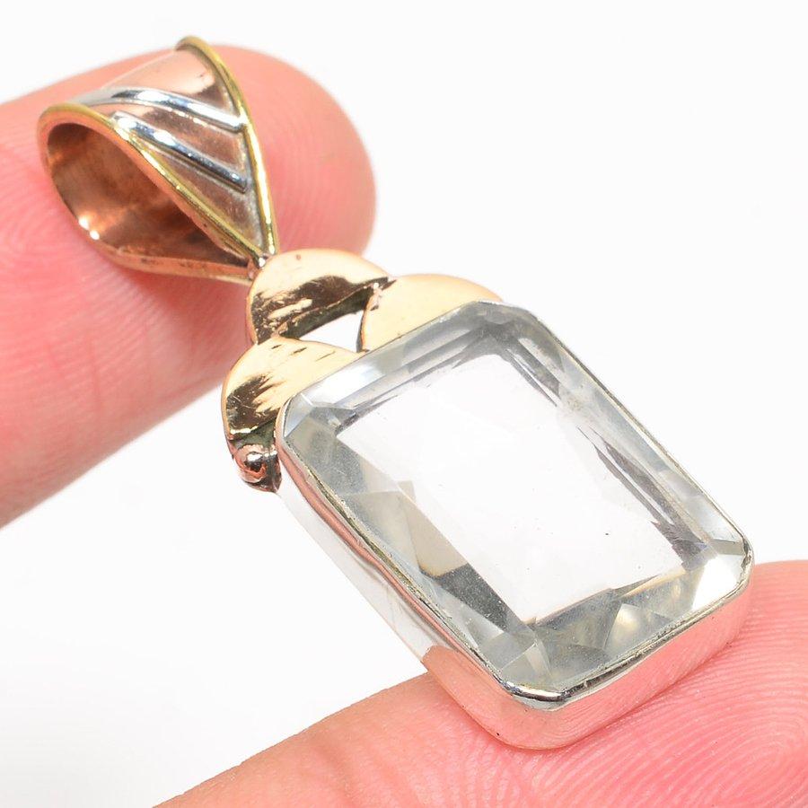 Natural Crystal Quartz TwoTone 925 Solid Sterling Silver Gift Pendant 1.75" v4C15
