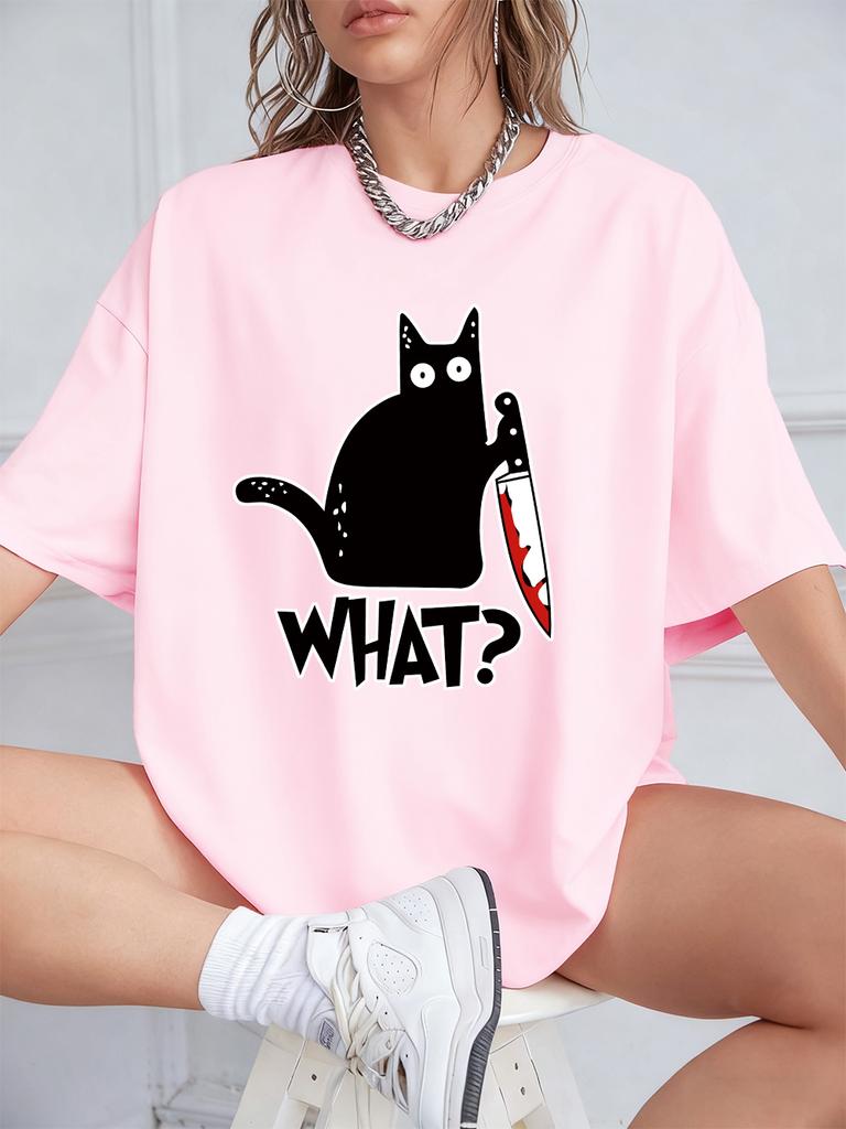 Schwarze Katze mit Messer Aufdrucken Kurzarm T-Shirts Damen Sommer Baumwolle T-Shirts Locker O-Ausschnitt Weiche Oberteile Streetwear