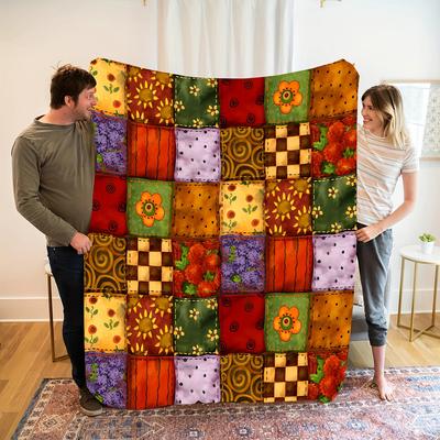 Vintage Floral Print Patchwork Fleece Blanket - Cozy, Soft, All-Season Decorative Blanket for Sofa, Office, Bedroom - Machine Wa