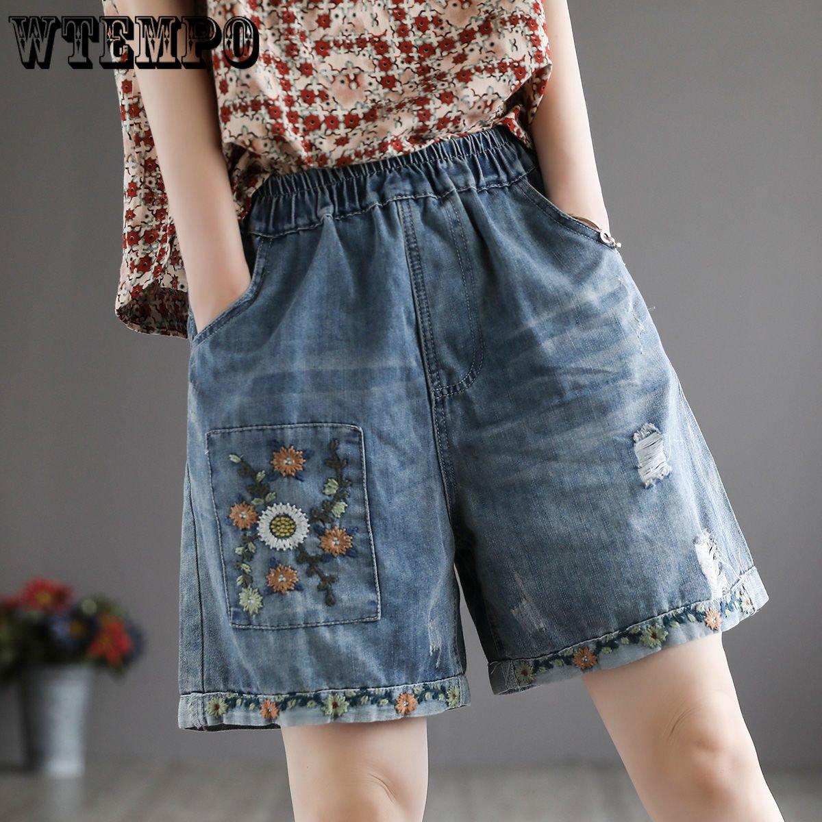 WTEMPO джинсовые шорты женские летние свободные шорты с высокой талией дышащие широкие брюки с вышивкой S