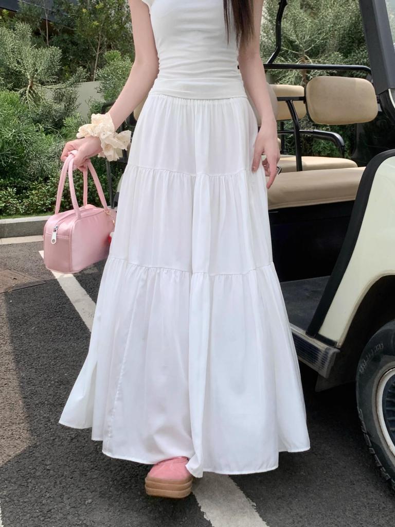 Plus Size Autumn White Pleated Midi Skirt for Women