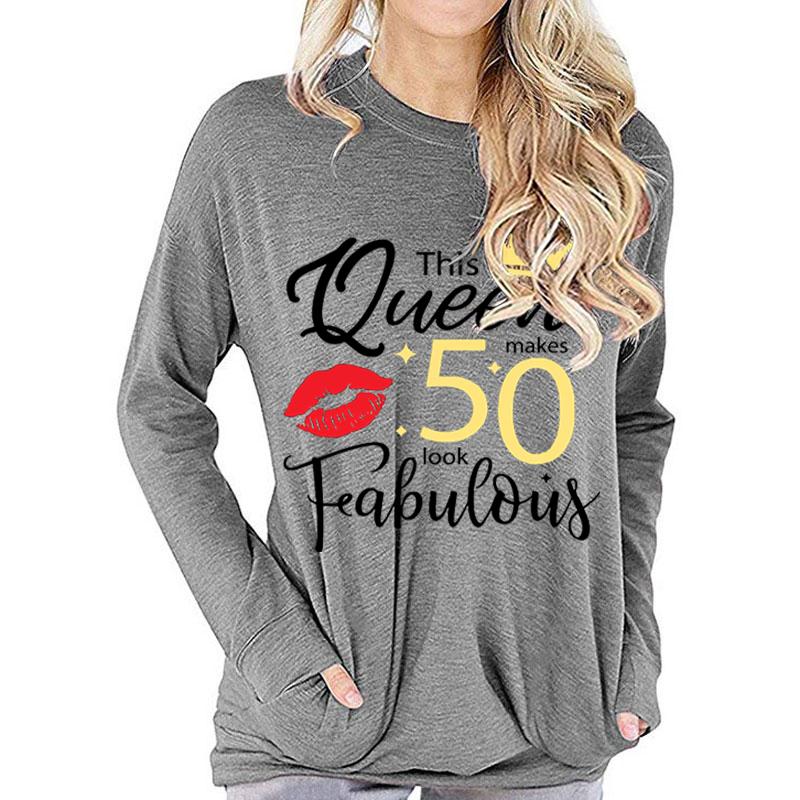 This Queen 50 Makes Look Feabulous Print T Shirt Women Funny Graphic Tees Mom 50th Birthday Gift Tops Fashion Sexy Lips Tshirt