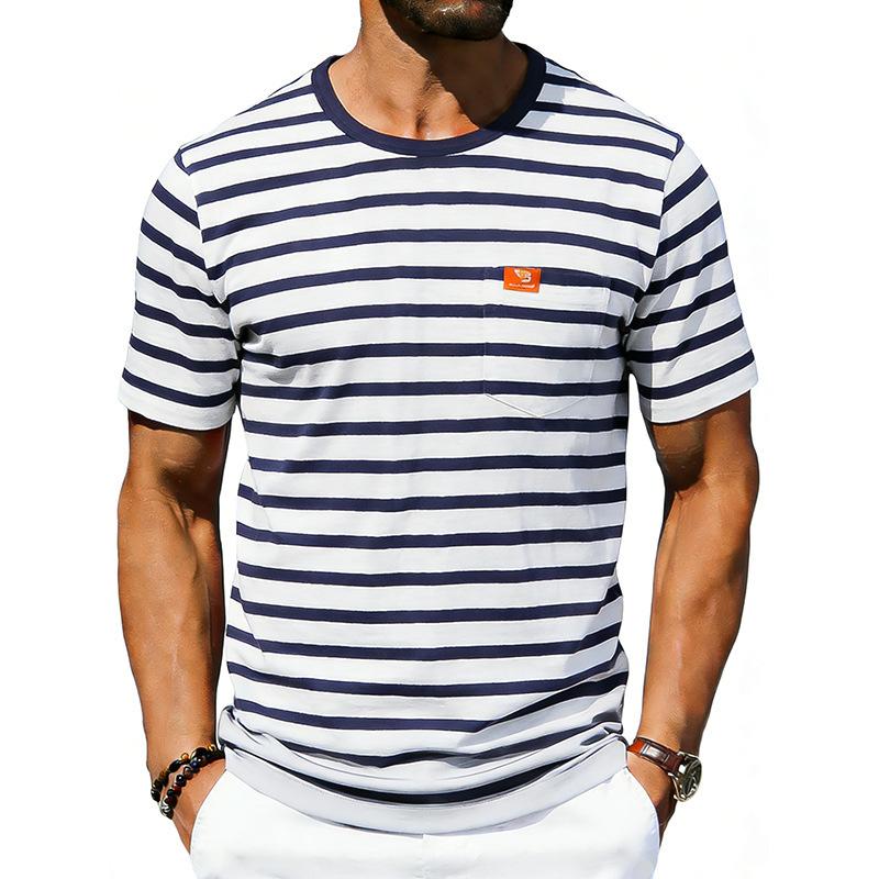Men’s Summer Striped T-shirt: Loose-fit, Vintage-style, Commuter-friendly, Relaxed, Minimalist, Casual, Round-neck, Short-sleeved Top