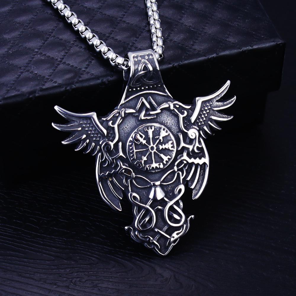 European Viking Titanium Steel Rune Necklace with Stainless Steel Spearhead and Compass Pendant