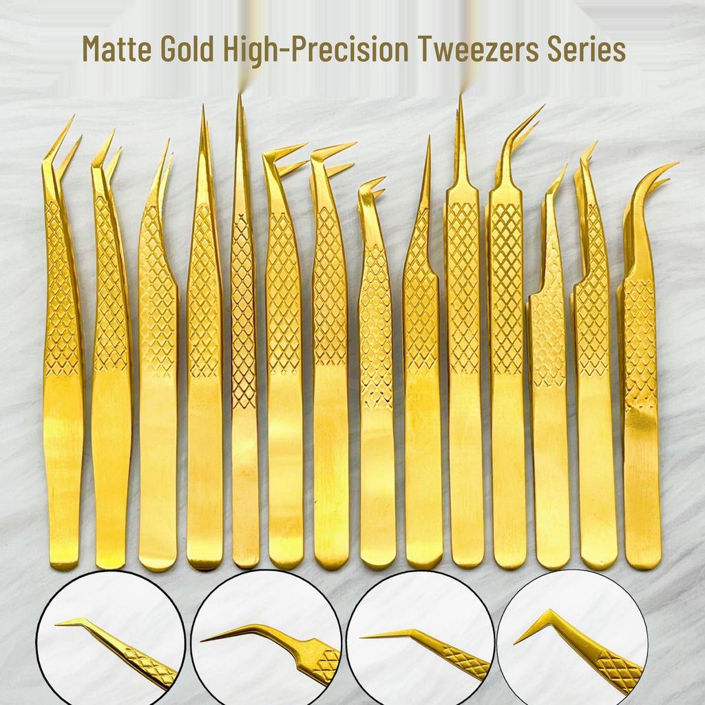 Gold Precision Eyelash Extension Tweezers: Mesh, Feather, Dolphin, Blooming Styles