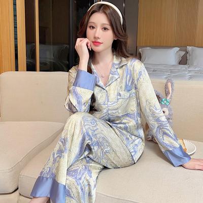 Beauty Home Suit Spring Summer New Two Piece Set Pajamas for Women Satin Silk Long Sleepwear Loungewear Women