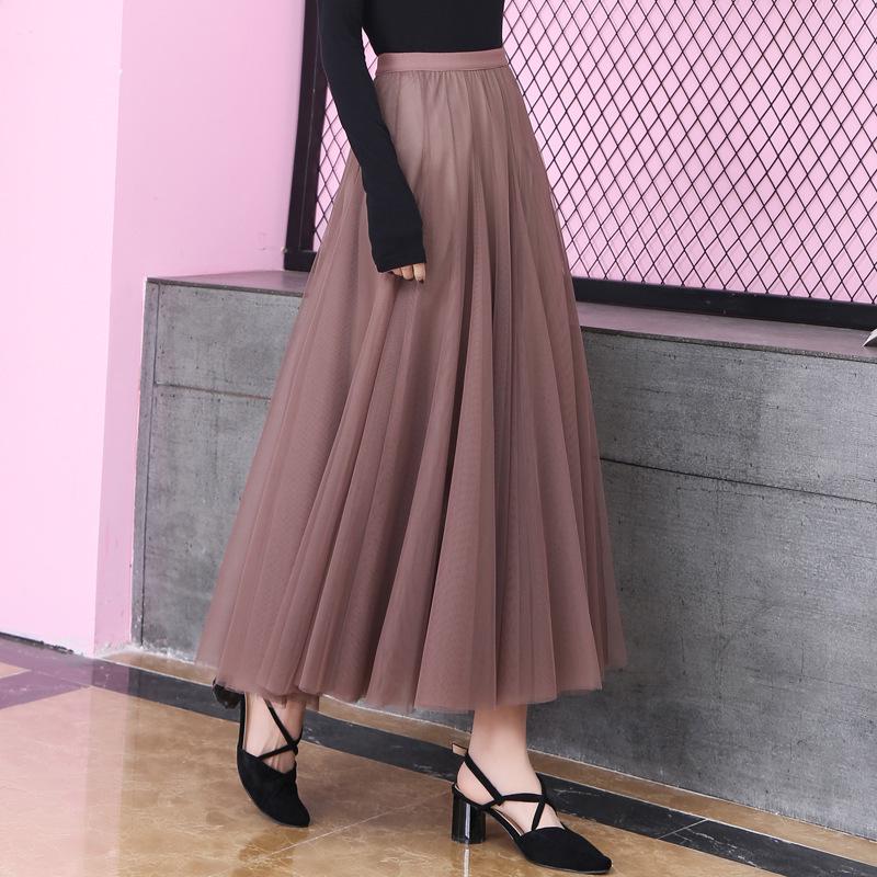2025 High-Waist A-Line Mesh Skirt: Three-Layer Pleated Fairy Skirt for Spring & Autumn