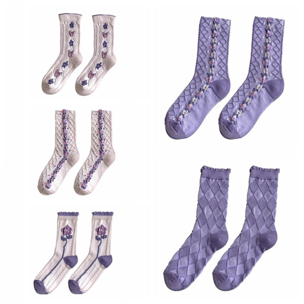 

5Pairs Bowknot Floral Tube Socks Flower Sweet Sock Women Ins Girls Mid-calf Socks Autumn 5Pairs
