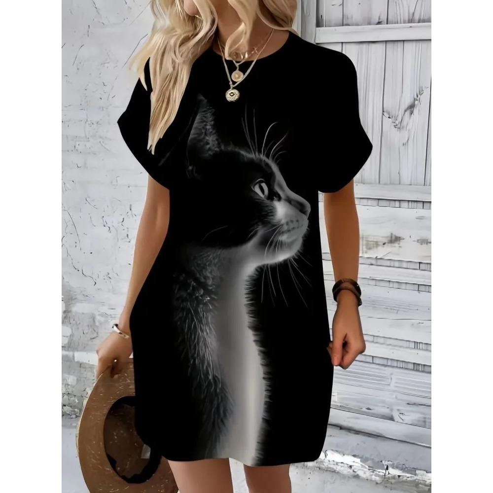 Fun Animal Patterns Women Mini Dresses Summer Short Sleeve Printed Plus Size Casual Comfortable Soft Dress