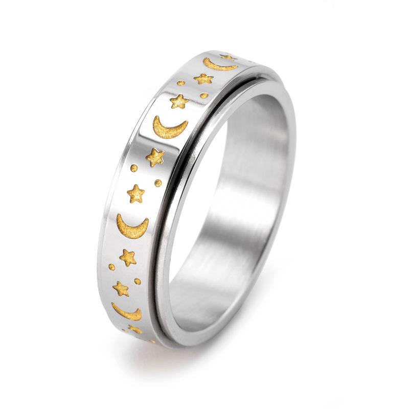 Unisex Rose Gold Star & Moon Rotating Stainless Steel Ring Size 6