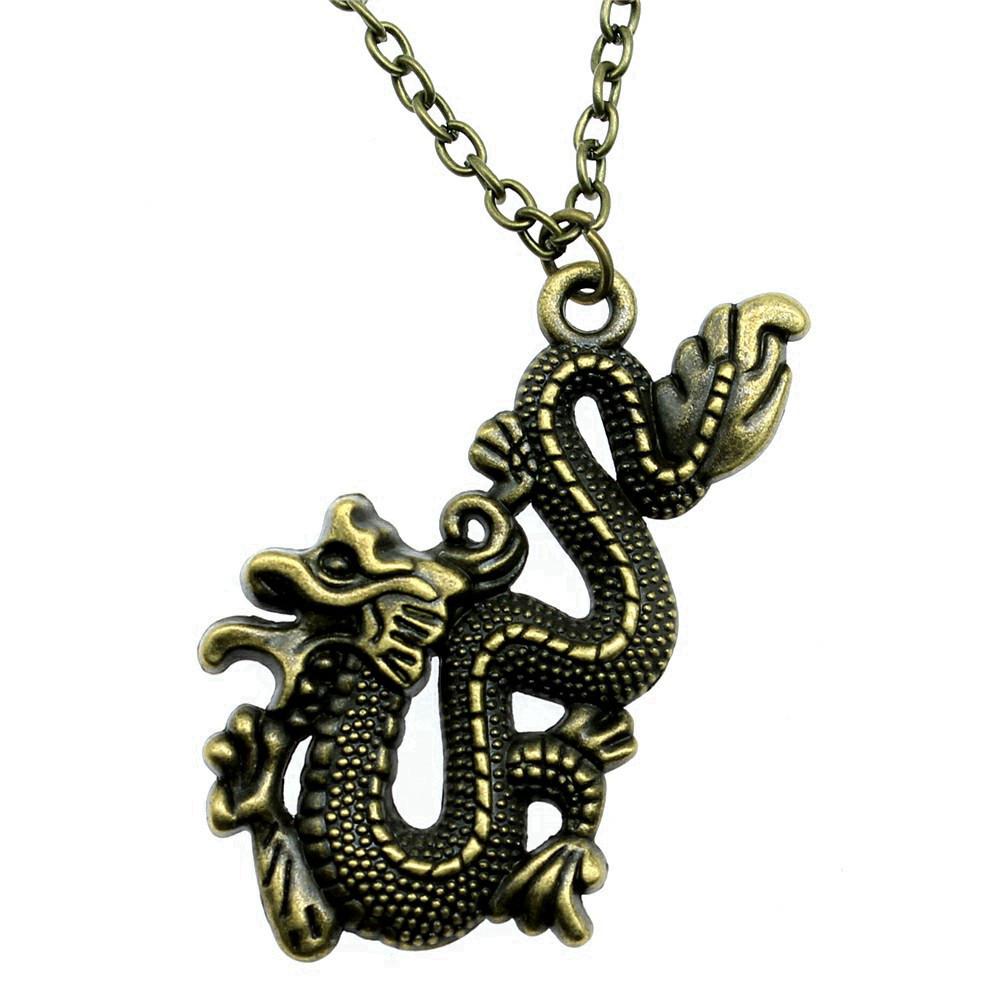 Chinese Dragon Pendant Necklace Mythical Creature Lucky Charm Jewelry 45cm or 70cm Long Chain