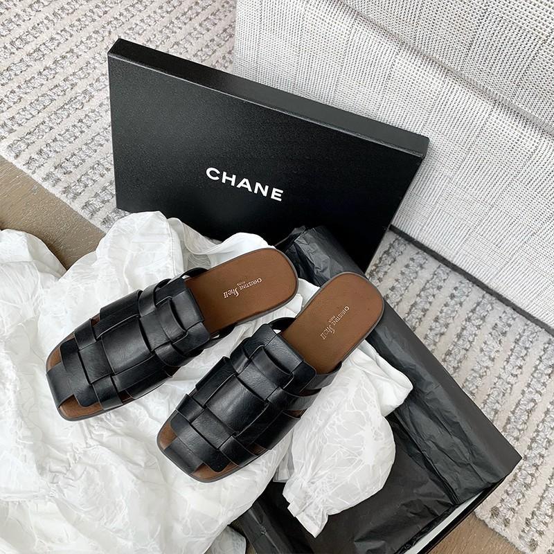 

[Shei Su Yinyin] A little comfortable~ Korea Rome woven fashion half-drag flat-bottomed slippers women s summer wear 35 чёрный