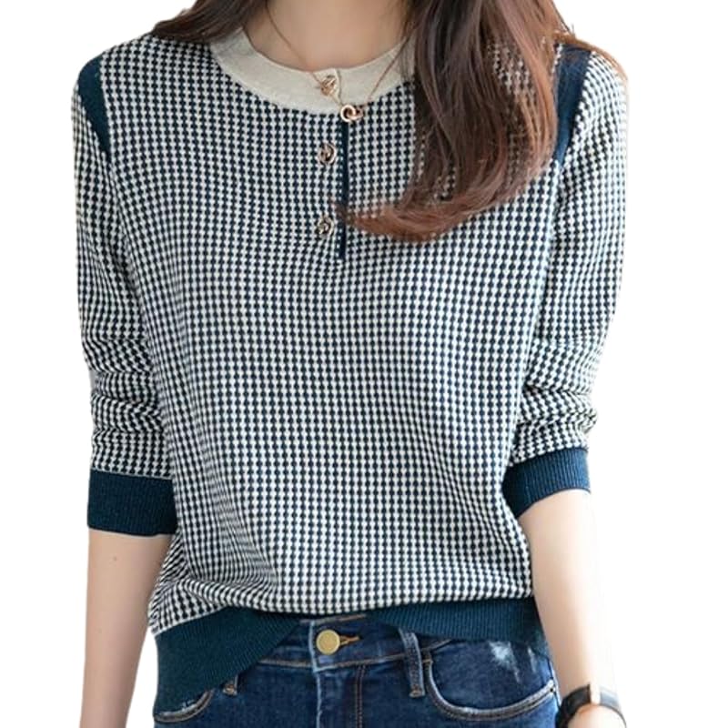 [Elixio] [Elixio] Knit Tops Ladies Houndstooth Thin Long Sleeve Round Neck Gold Button Beautiful Elegant Fashionable Commute Office Casual Spring