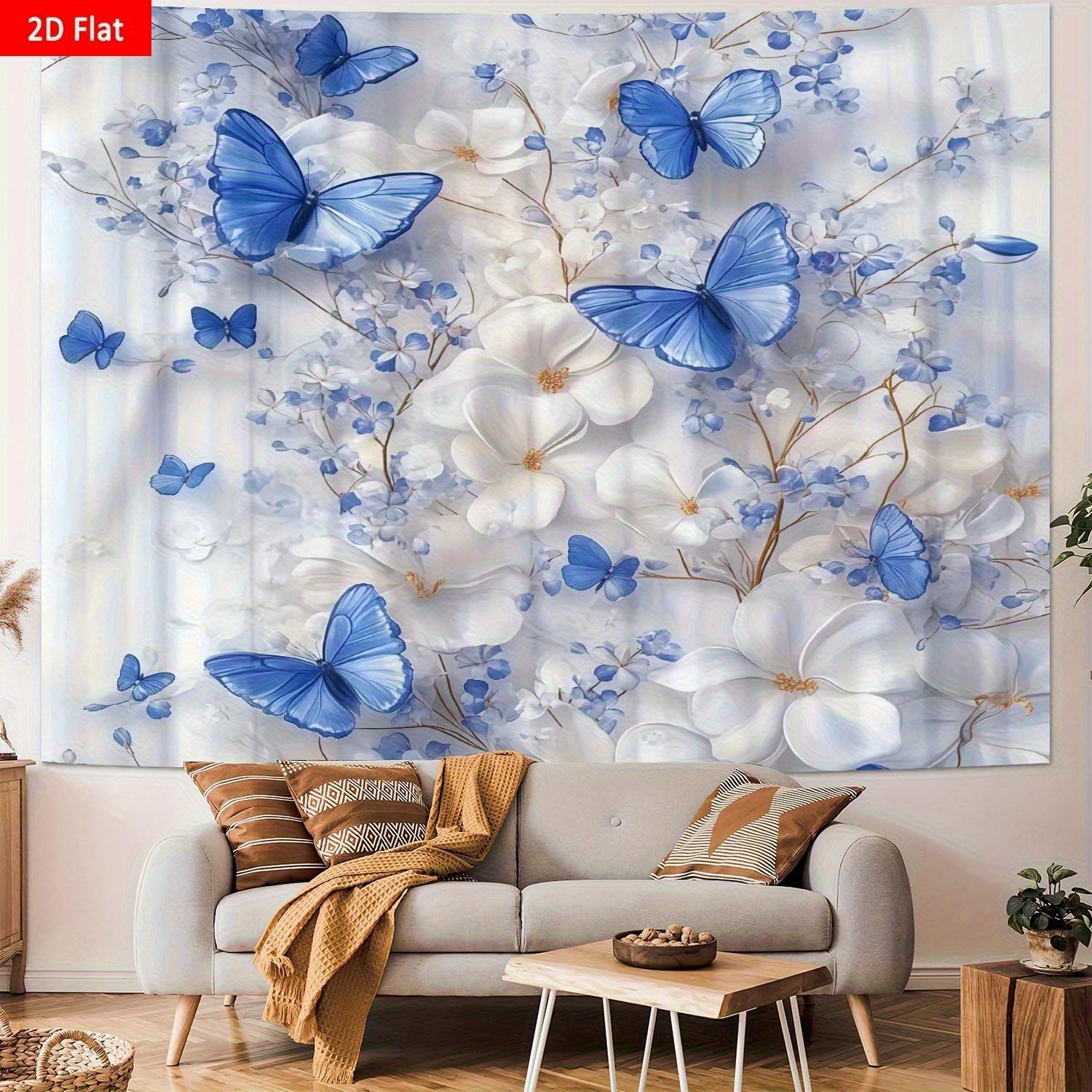 1pc Modern Floral Butterfly Wall Hanging-Blue Butterfly and Floral Pattern, White/Blue/Gold Decorative Tapestry 100X70CM