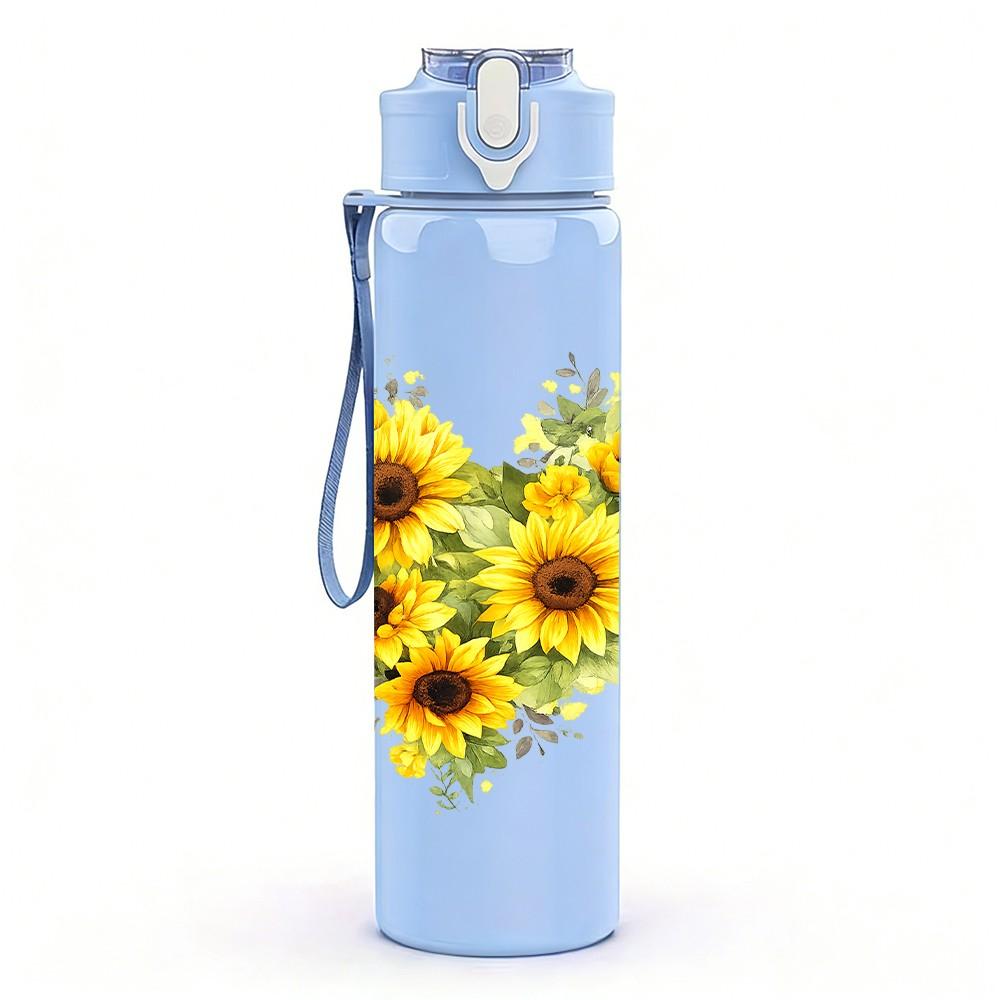 1PC Sunflower Yellow Flower Heart Print 750ml Color Plastic Sports Water Bottle Leakproof Flip Straw Lid Suitable for Sports Office Home Use