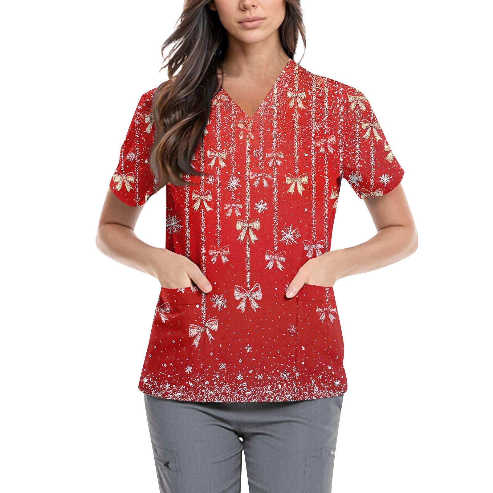 

Женская симпатичная принтованная рабочая одежда с V-образным вырезом, двухслойными карманами, базовым коротким рукавом, пуловером ко Дню святого Валентина XL арбуз красный