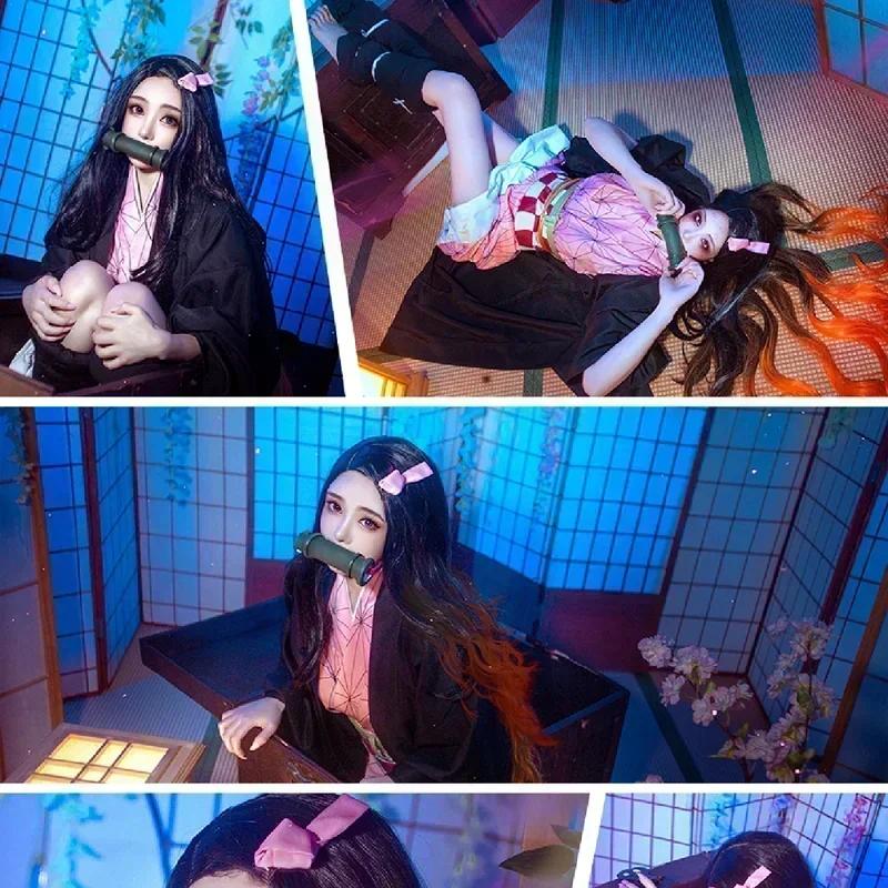 Kamado Nezuko Cosplay Costume Anime Kimono Kamado Nezuko Wig Uniform Halloween Women Children's Clothing