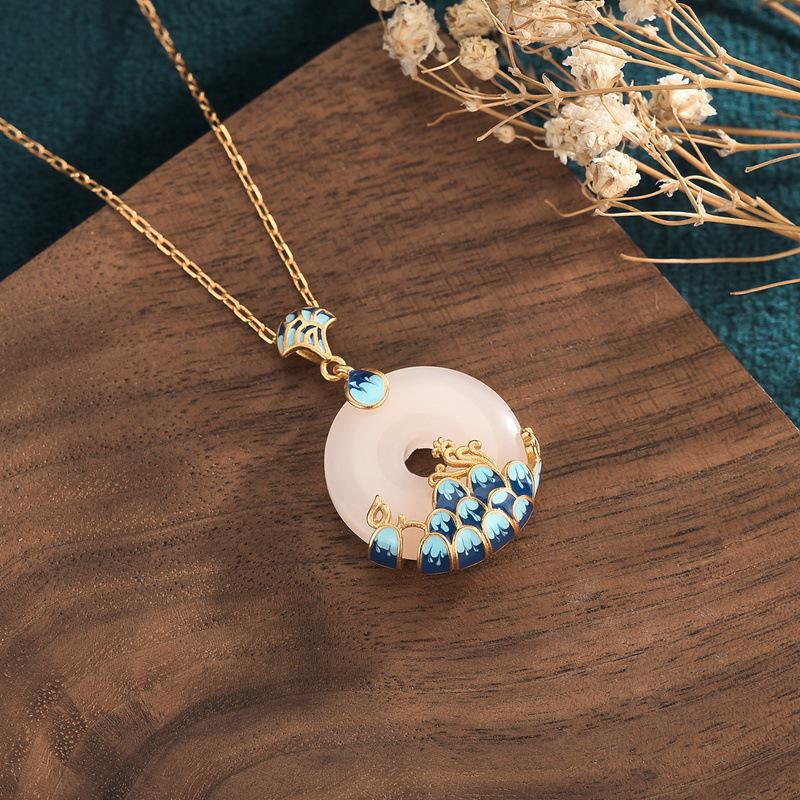 Gold-Plated Hetian Jade Pendant with Retro Cloisonné Design - Women s National Style Clavicle Chain Gold Plated