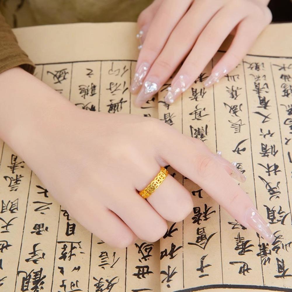 Chinesischer Stil Hohlmünzringe für Damen Paare Einfache Goldbeschichtete Geldringe für Wohlstand und Glück