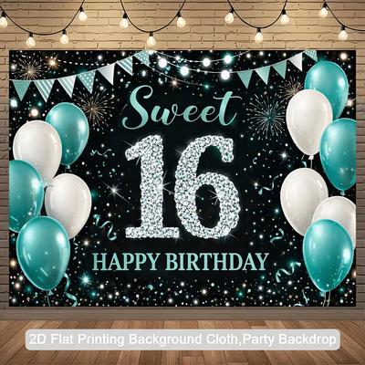2D Sweet 16 Birthday Backdrop Teal White Balloon Photography Background