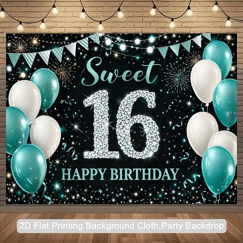 2D Sweet 16 Birthday Backdrop Teal White Balloon Photography Background 47.2x31.5inch/120*80cm