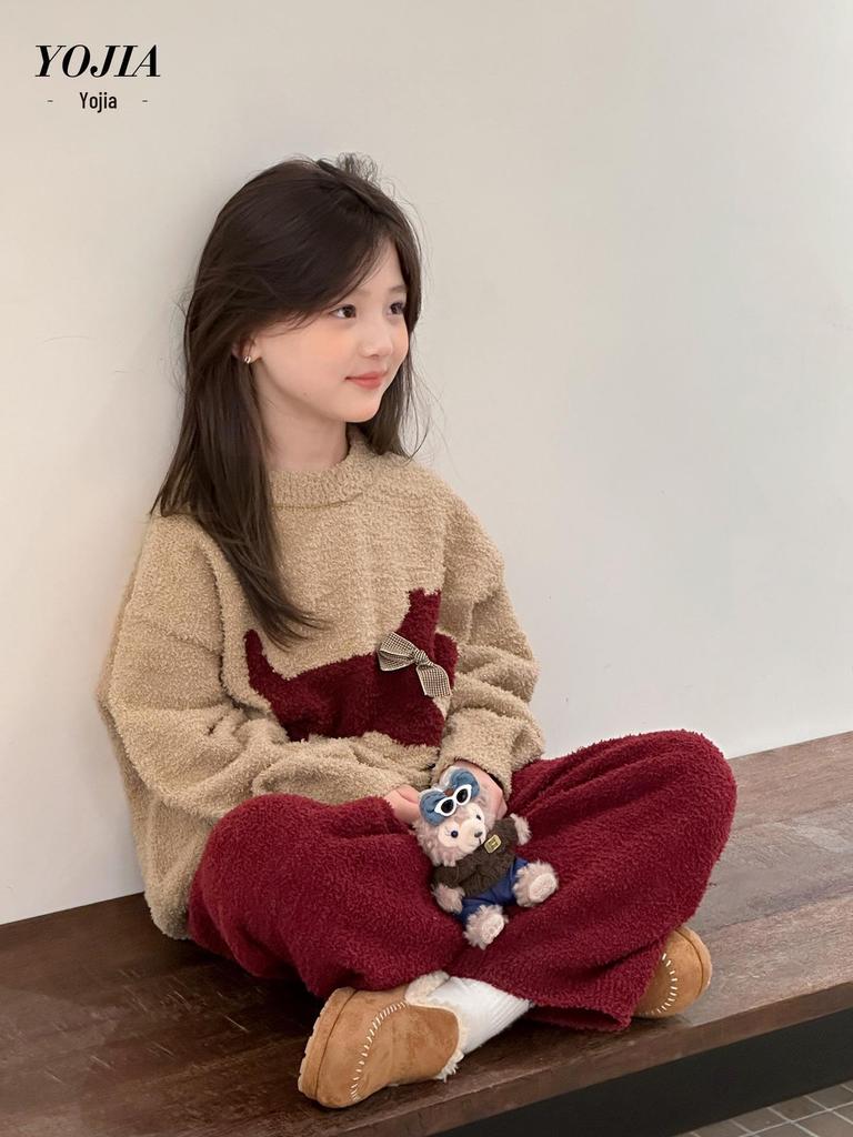 YOJIA Winter 2025 Fleece-Lined Girls' Pajama Set - Warm and Stylish Children's Loungewear