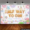 2D Half Way To One Birthday Backdrop, Sweet Candy Donut Photo Background