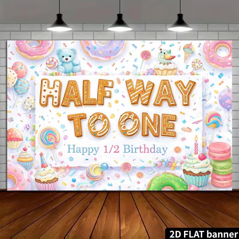 2D Half Way To One Birthday Backdrop, Sweet Candy Donut Photo Background