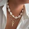 IngeSight.Z Boho 2-teiliges Set Muschel Reiskorn-Kettenhai-Zahn-Anhänger Halskette Trendiger Sommerstrand Geometrisches Choker Hals Schmuck