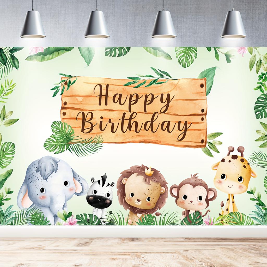 2D flat design 1-piece jungle adventure animal birthday celebration background fabric suitable for children's celebrations