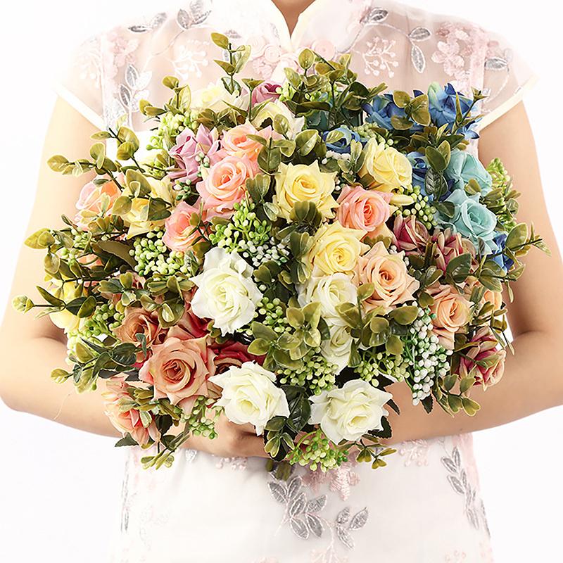 Rose Wedding Artificial Flower Bridal Bouquet Diy Wedding Home Table Center Decoration Simulation Plant Shoot Prop Fake Flower