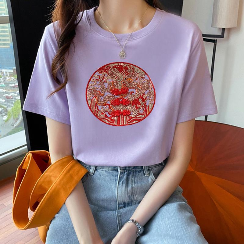 VEZFAA Women's Fashion Casual Summer Spring Flower Pattern Print Short Sleeve O-Neck Blouses & Shirts